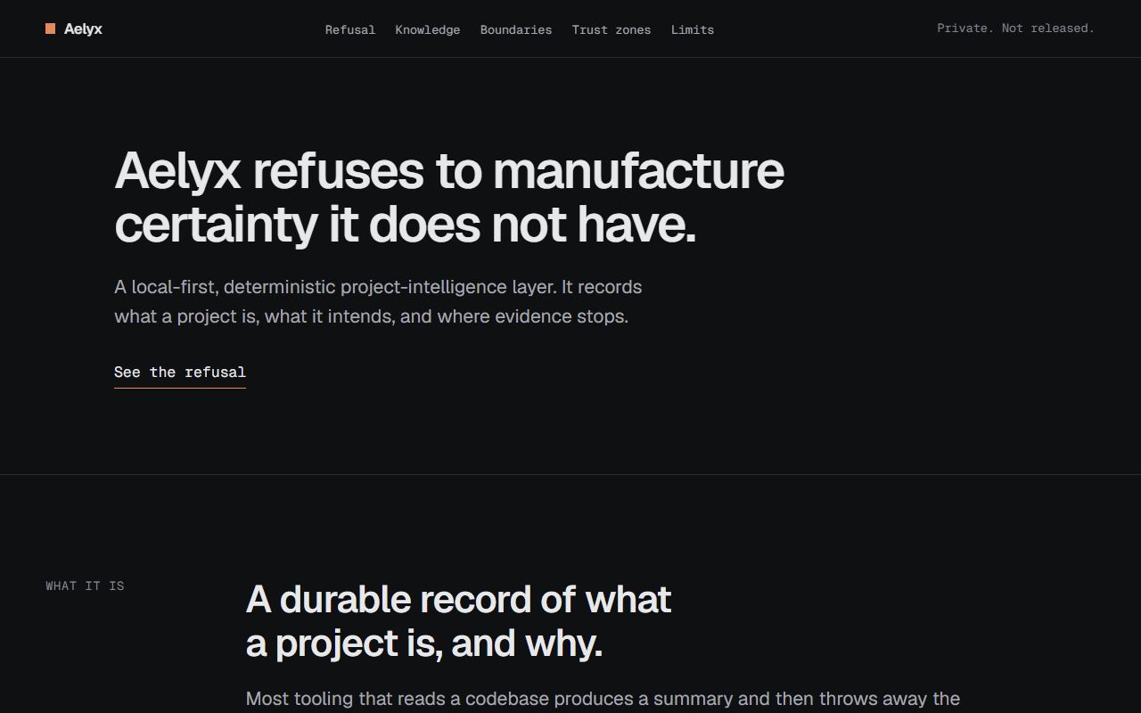 Screenshot of the public Aelyx showcase site.