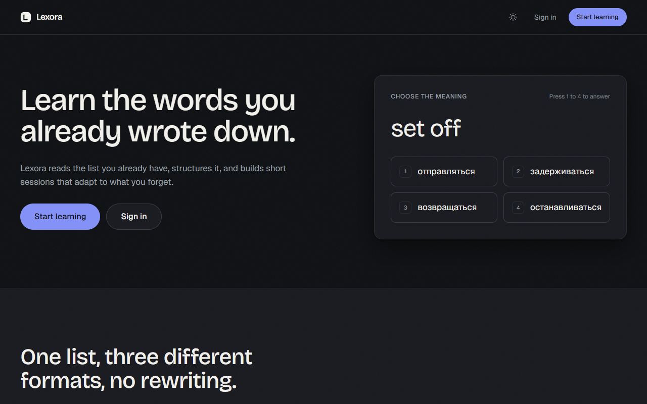 Screenshot of the public Lexora showcase site.