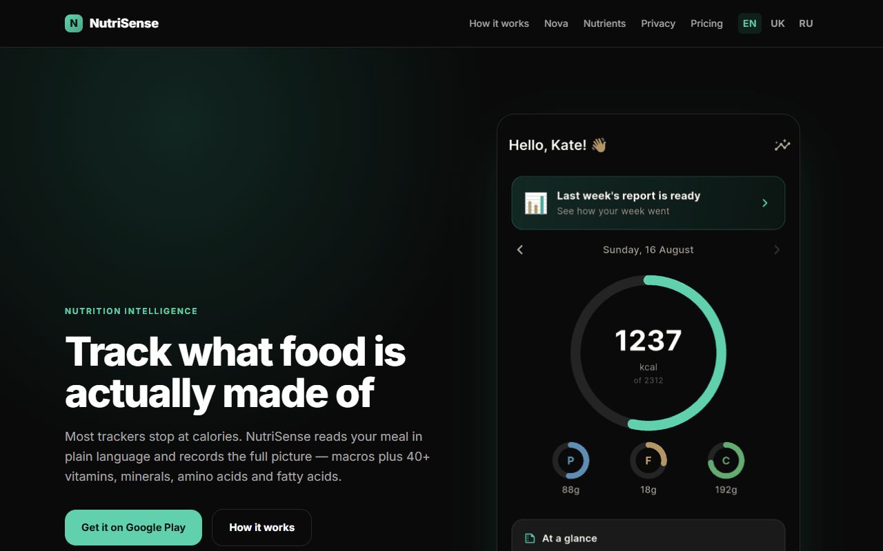 Screenshot of the public NutriSense product site.