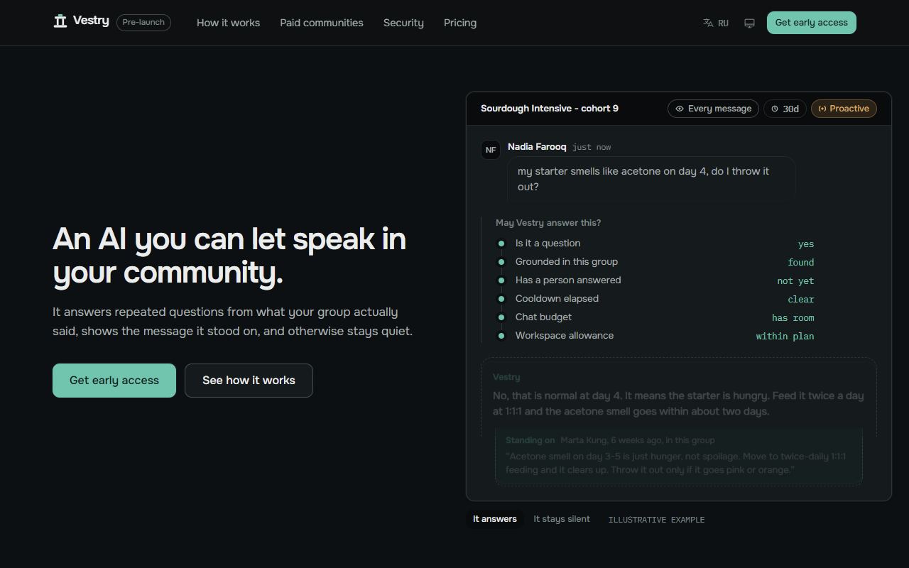 Screenshot of the public Vestry showcase site.